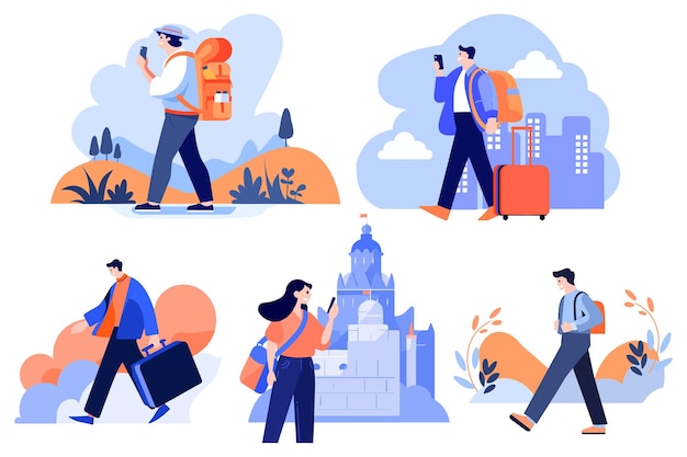 Vector hand drawn tourists with attractions in flat style isolated on background