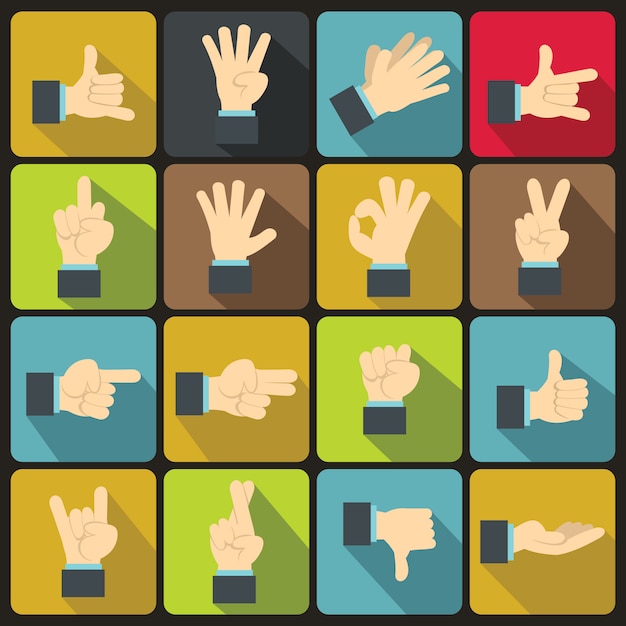 Vector hand gesture icons set, flat style
