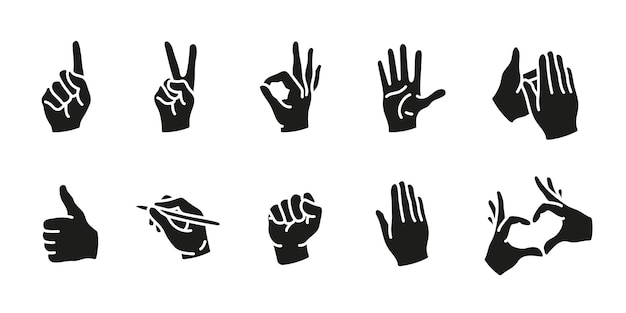 Vector hand gestures icon set black various expressive finger signs communication and body language vector