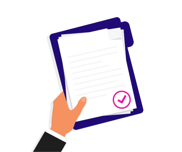 Vector hand holding folder documents folder with check mark and text stack of agreements document with approval check mark document in hand vector illustration flat design style