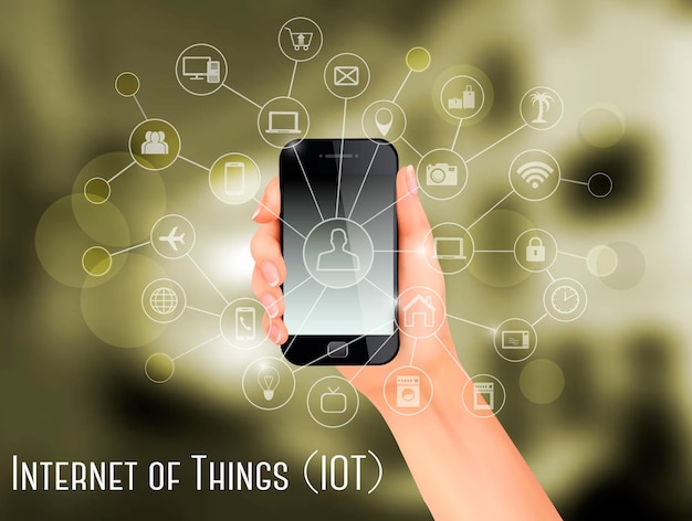 Vector hand, holding a smartphone, revealing a net of wireless controlled devices. 