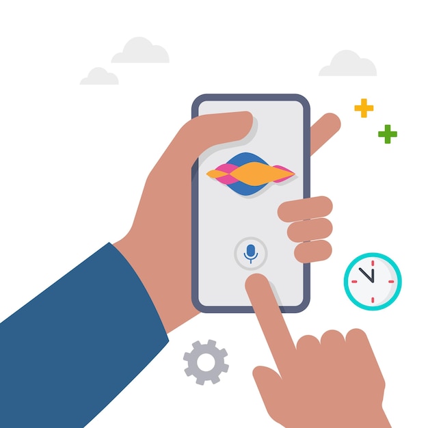 Vector hand holding smartphone with digital voice assistant concept
