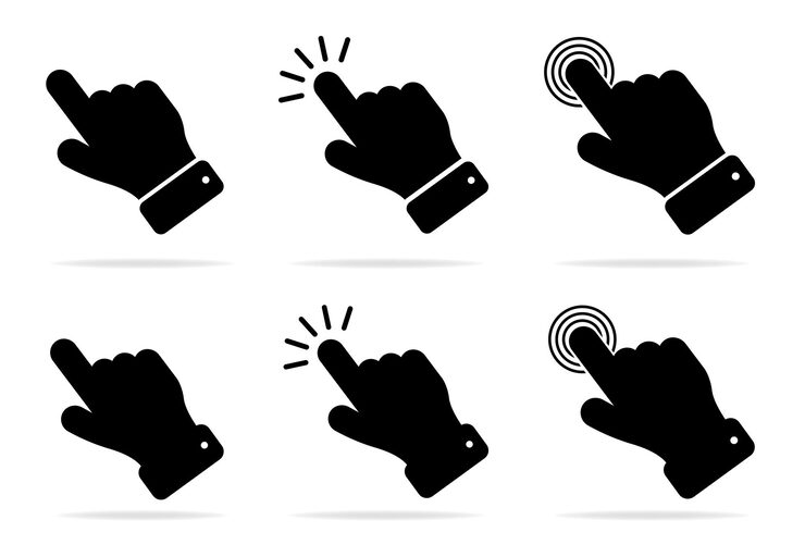 Hand pointer icon Finger click Pointer click Cursor arrow icon Clicking a computer mouse Vector illustration on a white background