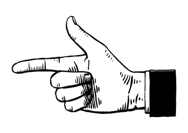 Vector a hand pointing to the left with a black and white drawing of a person pointing at the bottom
