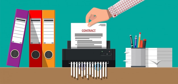 Vector hand putting contract paper in shredder machine.