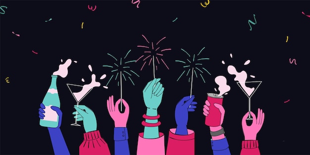 Vector the hands of a diverse group celebrates new year by playing sparklers and drinking champagne