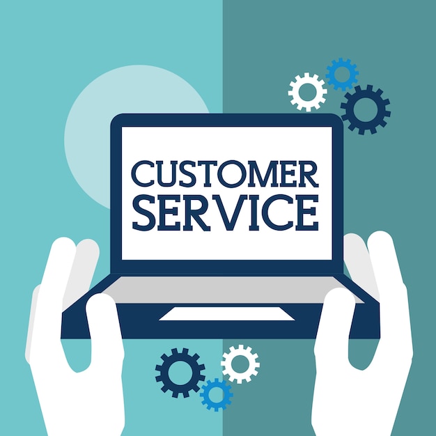 Vector hands holding laptop digital customer service 
