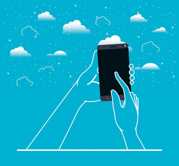 Vector hands using smartphone in the sky