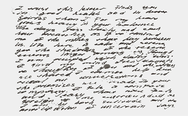 Vector handwritten abstract text pattern on isolated background monochrome script wallpaper with splashes in vintage retro style linear cursive lettering