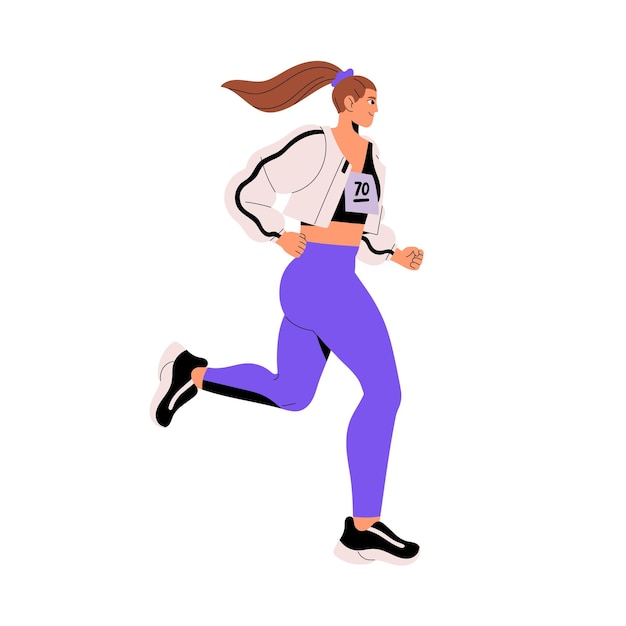 Vector happy athlete sportswoman running does cardio workout jogger training for competition runner jogging in marathon active woman does sport physical exercises flat isolated vector illustration