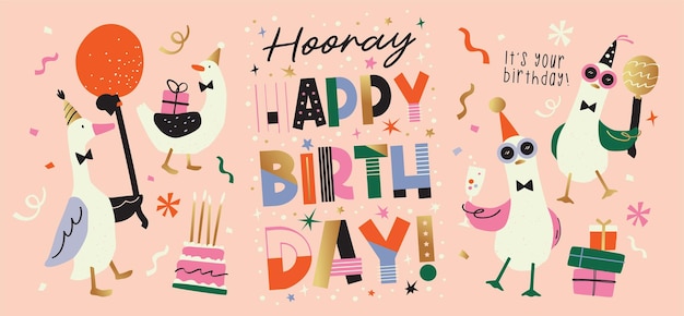 Vector happy birthday background with cartoon character party ducks and typography design