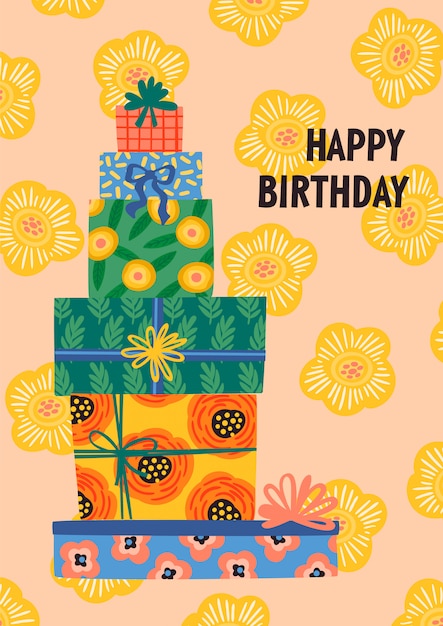 Vector happy birthday. cute gift boxes.