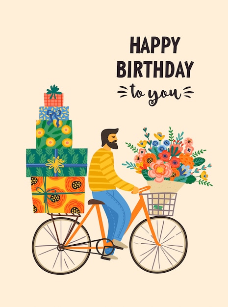 Vector happy birthday. cute man on a bicycle with bouquet and gift boxes