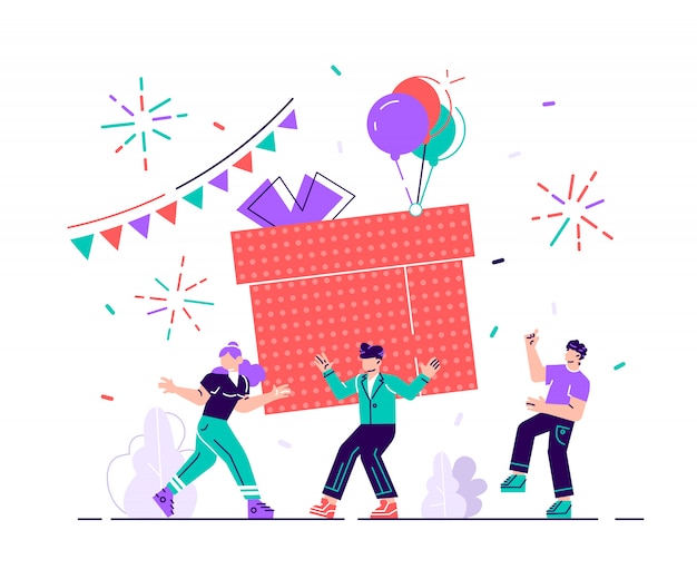 Vector happy birthday party celebration with friend. gift design for christmas greeting event. company friendship decoration concept. anniversary confetti for funny surprise flat cartoon  illustration