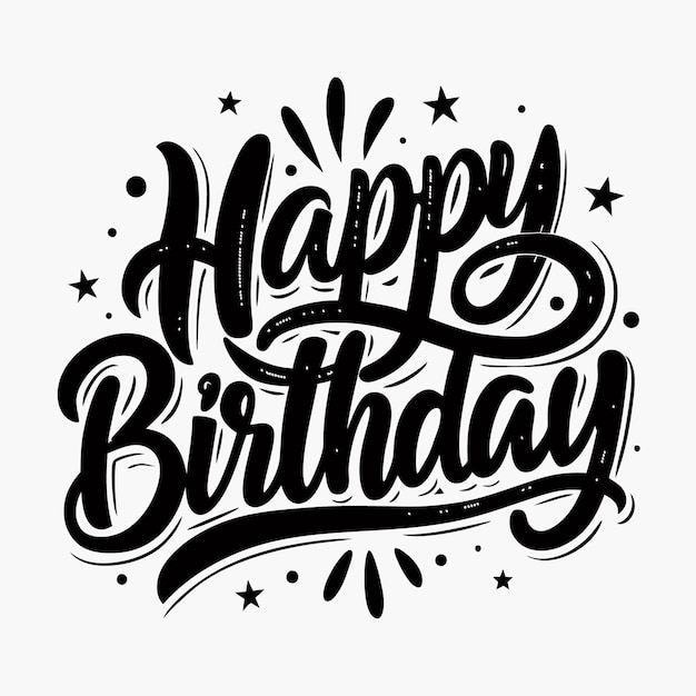 Vector happy birthday text with stars and swirls on white background