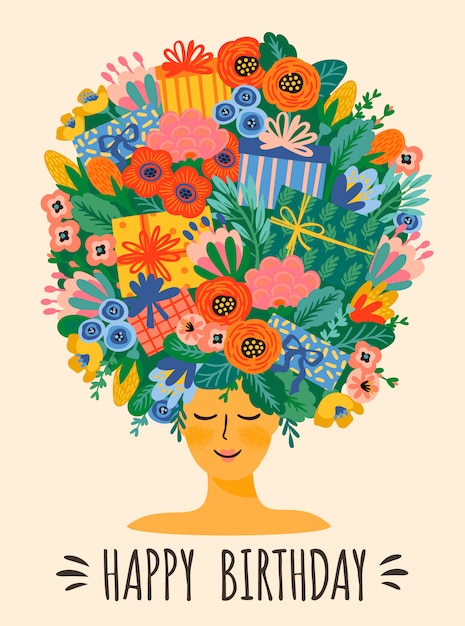Vector happy birthday. vector illustration of cute lady with bouquet of flowers and gift boxes on head.