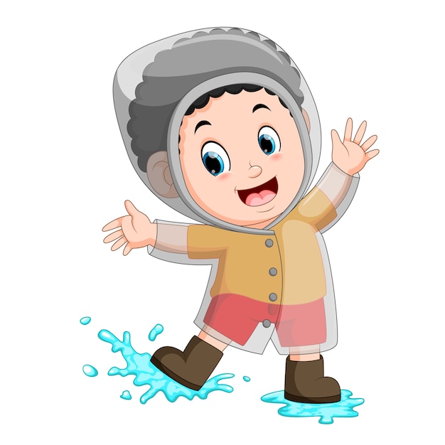 Vector happy boy wearing raincoat