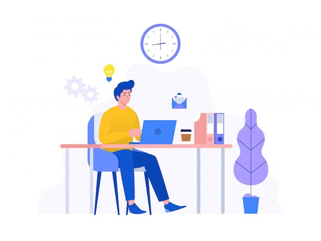 Vector happy businessman working with laptop in the office  illustration concept, smiling employee using computer and drinking coffee, can use for, landing page, template, ui, web, homepage, poster,