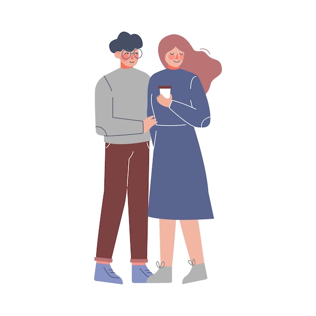 Vector happy couple in love young woman and man hugging girl holding paper cup of coffee vector illustration