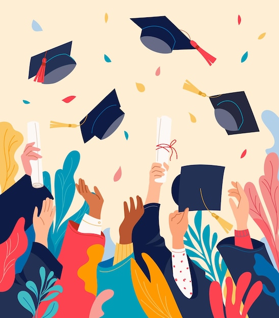 Vector happy diverse students holding diplomas and throwing graduation caps celebration of success vector