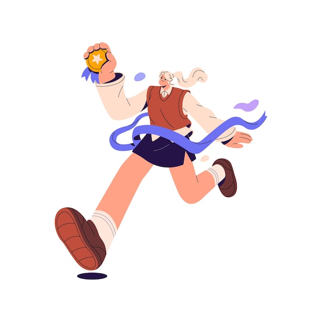 Vector happy girl holds golden medal crosses finish line winner achieves success champion with award celebrates challenge win young woman rejoices to victory flat isolated vector illustration on white