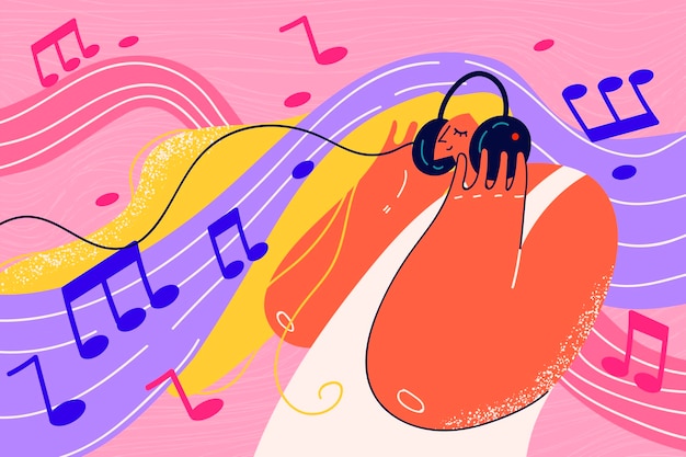 Vector happy girl listen music in headphones