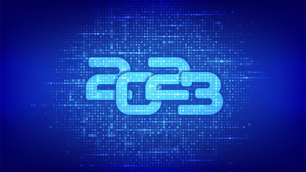 happy new 2023 year numbers 2023 made with binary code digital binary data and streaming digital code background matrix background with digits 10 vector illustration