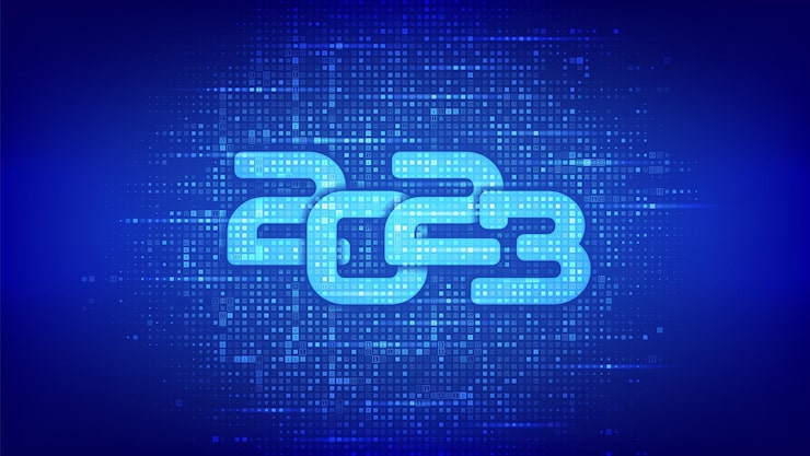 Happy New 2023 Year Numbers 2023 made with binary code Digital binary data and streaming digital code background Matrix background with digits 10 Vector illustration