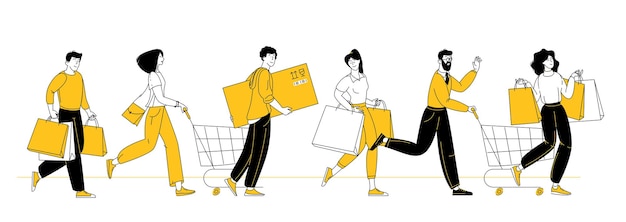 Vector happy shopping. black friday sale event. flat cartoon people characters with shopping bags. big discount, sale promo vector concept.