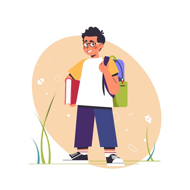 Vector happy smiling boy pupil character standing with books back to school education studying childhood