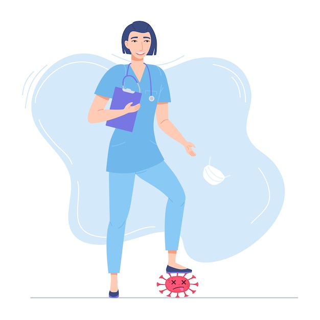 Vector happy smiling nurse defeats virus covid 19 a symbol of the end of the pandemic flat vector illustration for print and web design