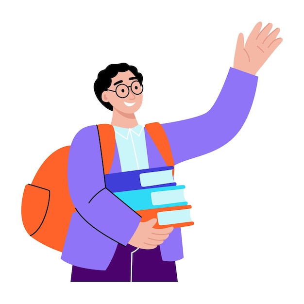 Vector happy student with books and backpack waving hello