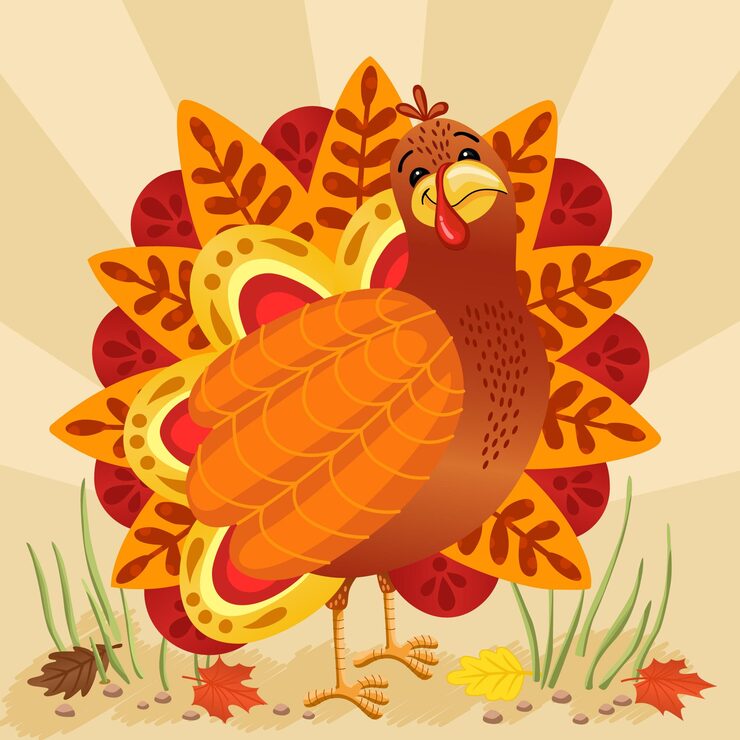 Vector happy thanksgiving card with cartoon turkey icon with decorative autumn leaves colorful design