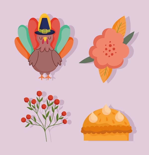 Vector happy thanksgiving day, turkey flower cake berries branch cons