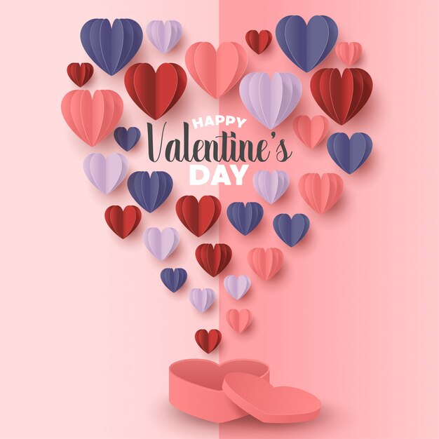 Vector happy valentines day paper cut style with colorful heart shape in pink background