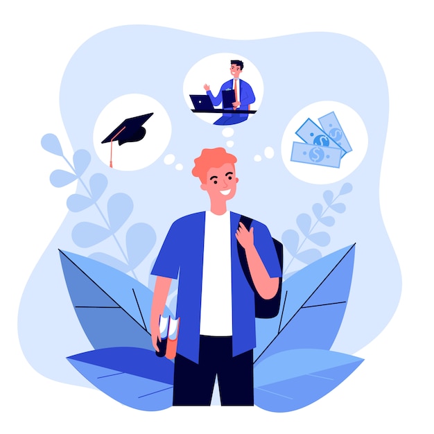 Vector happy young guy thinking about future opportunities