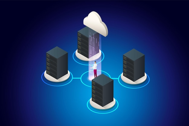 Vector hardware developer collect data to save digital data database concept data analytics