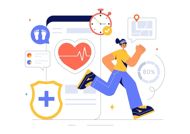 Vector health tech vector illustration featuring modern high technology devices used in everyday life for tracking health conditions in a flat background