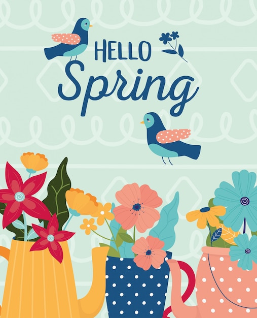 Vector hello spring pots and vase flowers birds celebration card
