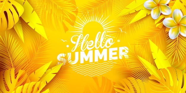Vector hello summer time holiday illustration with tropical palm leaves and flower on sun yellow background