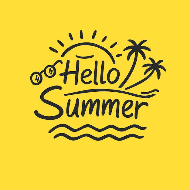 Vector hello summer vector illustration with sun palm trees waves and sunglasses