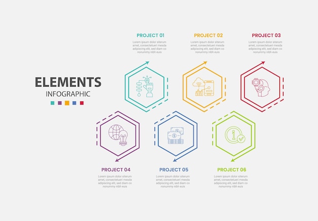 Vector hexagon or hexagonal base shape infographic outline style with 6 point template with hexagon structure up and down with arrow and dot accessories for slide presentation