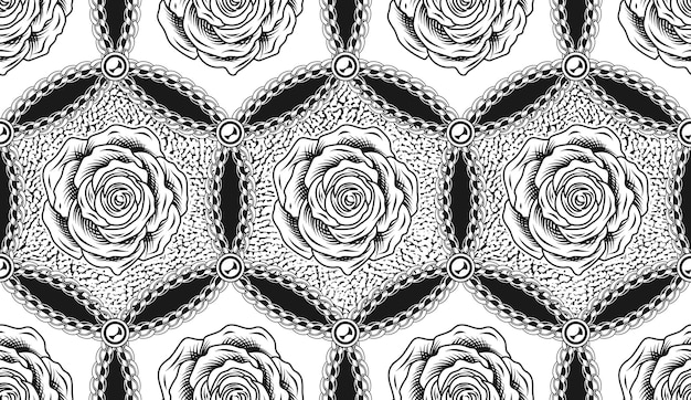 Vector hexagonal pattern with chains contour roses