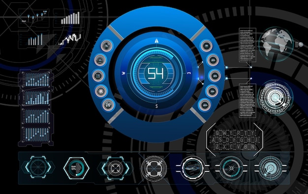Vector hightech digital interface displaying data metrics and analytics for realtime monitoring and analysis