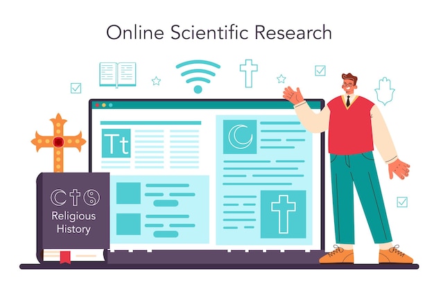 Vector history of a religion online service or platform scientist study human