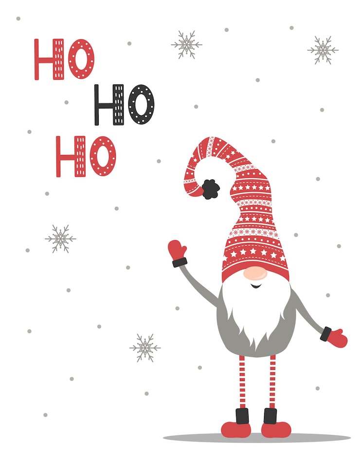 Vector ho-ho-ho christmas greeting card. cute swedish gnome in red santa hat.