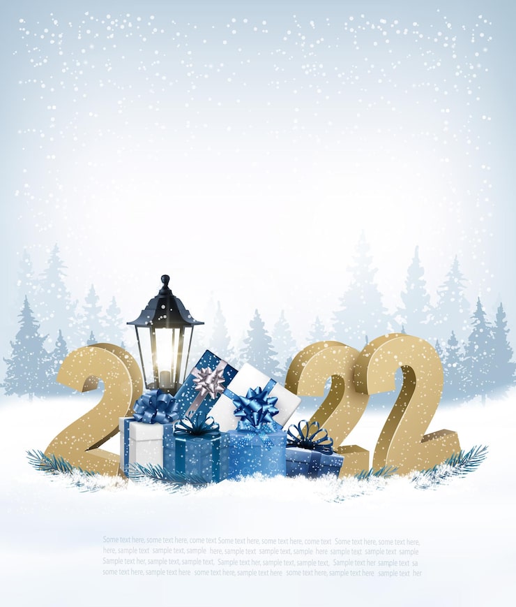 Vector holiday christmas and happy new year background with a forrest landscape and 2022 with presents. vector illustration.