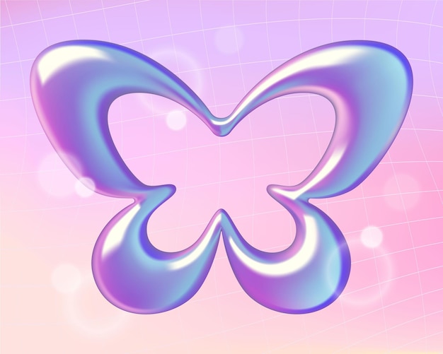 Vector holographic 3d butterfly shape on pink gradient y2k style background
