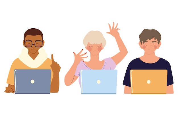 Vector home working, young people using laptop devices technology