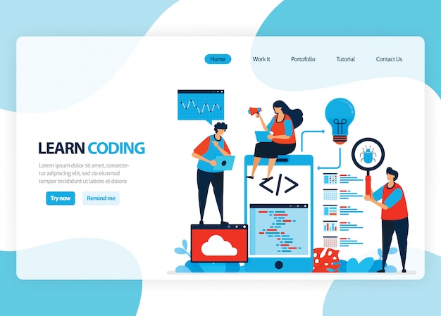Vector homepage for learning programming and coding. application development with a simple programming language. flat illustration